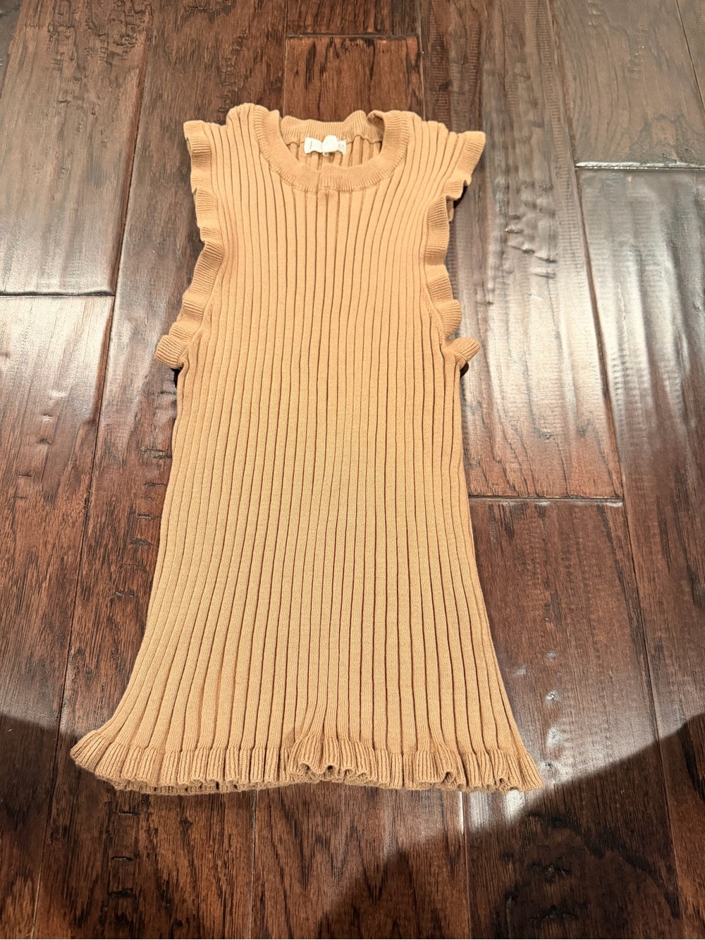 mine Camel Ribbed Knit Tank Top with Ruffle Trim